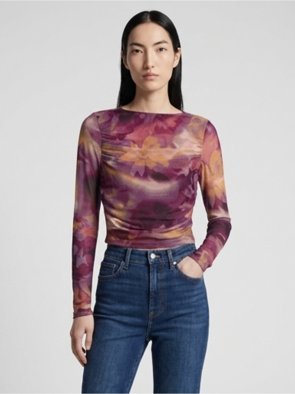 Abstract Print Sheer Long Sleeve Top in Purple and Tan | Size S